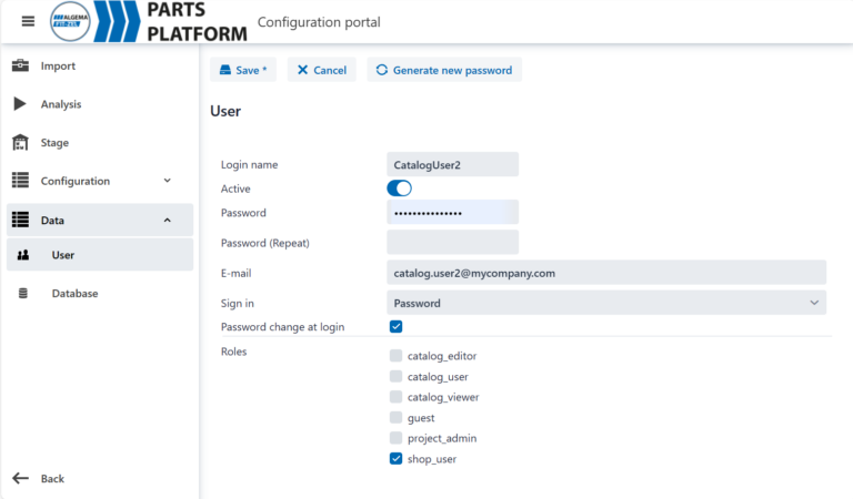 Catalog user configurationSpareParts365